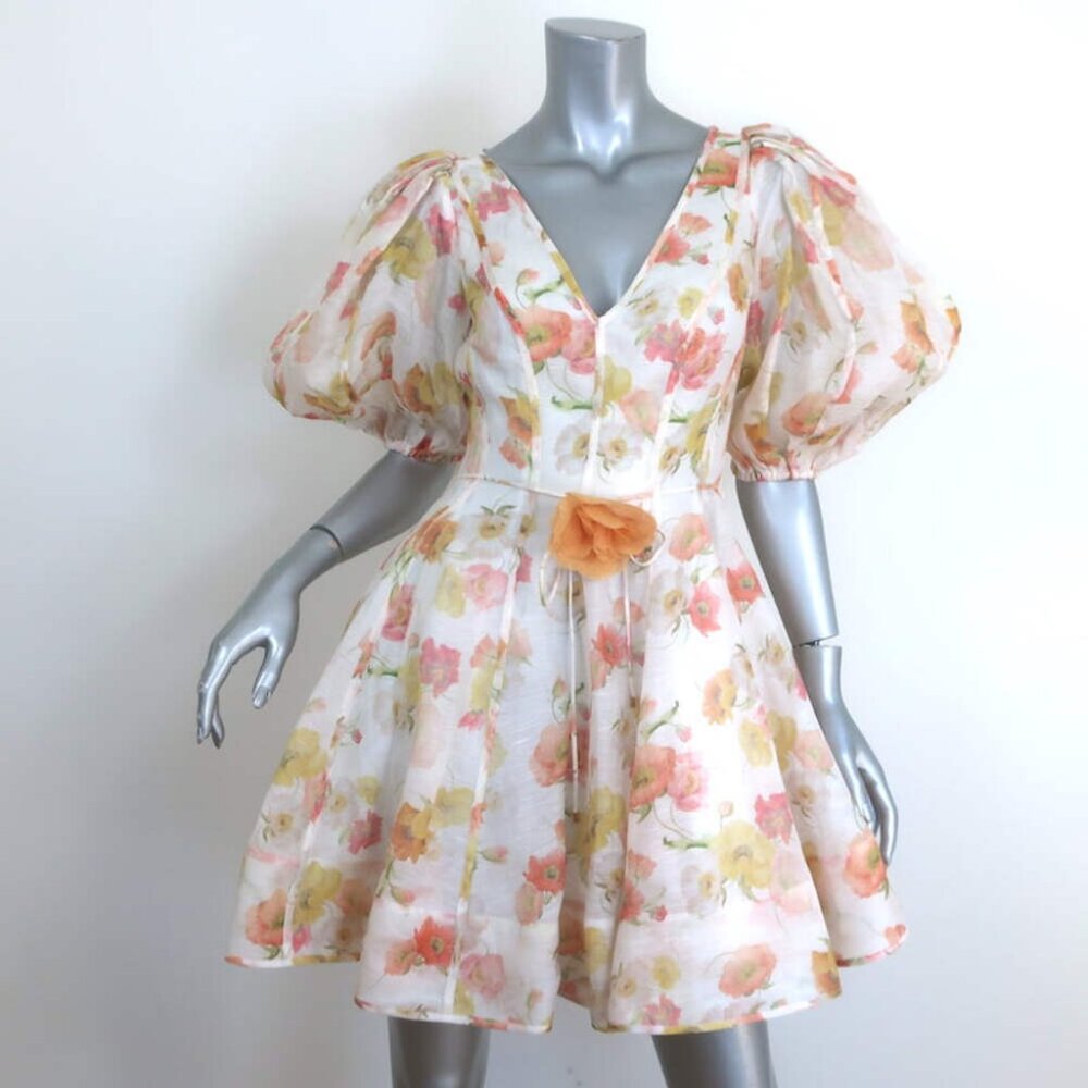 Zimmermann Tranquility Flip Puff Sleeve Mini Dress Cream Floral Print Size 0 - Picture 1 of 6